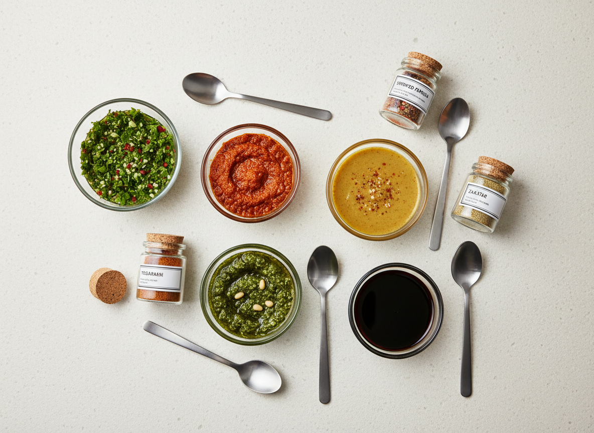 An elegant, minimalist flat lay of international sauces and seasonings designed for après entertaining, set against a smooth, off-white stone background. Small glass bowls contain vibrant chimichurri, deep-red harissa, golden Japanese curry sauce, bright green Italian pesto, and dark, glossy tamari. Between them lie slender tasting spoons in brushed stainless steel and small labeled jars with clean, modern typography. Soft, even studio lighting from directly above eliminates harsh shadows and enhances the rich colors and subtle textures of herbs and spices. Photographic, editorial-style realism with ample negative space around the composition, creating a calm, professional, and premium feel that suggests effortless elevation of simple après dishes with global flavor accents.