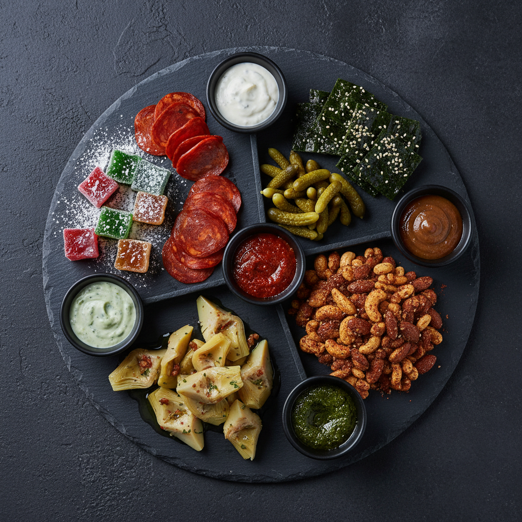 A close-up, overhead view of a large, round slate platter divided into distinct sections of international après snacks: jewel-toned Turkish delight, thinly sliced Spanish chorizo, tiny French cornichons, Italian marinated artichokes, Indian spiced nuts, and glossy Korean seaweed crisps. Each section is separated by minimalist black ceramic ramekins filled with vibrant dipping sauces. The platter rests on a matte charcoal table with subtle texture. Cool, soft studio lighting from above creates clean highlights on oils and glazes, with minimal shadows for a modern, catalog-style look. Photographic, high-resolution realism with sharp focus across the entire frame, conveying a curated, global tasting experience that feels sophisticated, organized, and ready for a stylish après-ski or evening gathering.