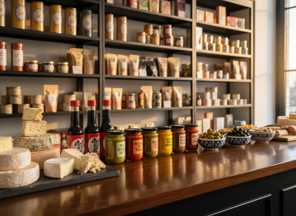 A long, polished dark-wood market counter topped with an elegant array of international gourmet foods: neatly stacked French cheeses, glossy Japanese soy bottles, colorful Mexican salsas in glass jars, and artfully arranged Mediterranean olives in small ceramic bowls. Behind the counter, sleek black shelving holds carefully organized packages and tins from around the world, labels facing forward. Soft, diffused overhead lighting and a gentle golden hour glow from an unseen window create subtle reflections on glass and metal. Photographic realism at eye level, with a shallow depth of field that keeps the foreground products in crisp focus while the shelves blur softly. The mood is professional, upscale, and inviting, evoking the feeling of a refined global market poised to elevate any après gathering.
