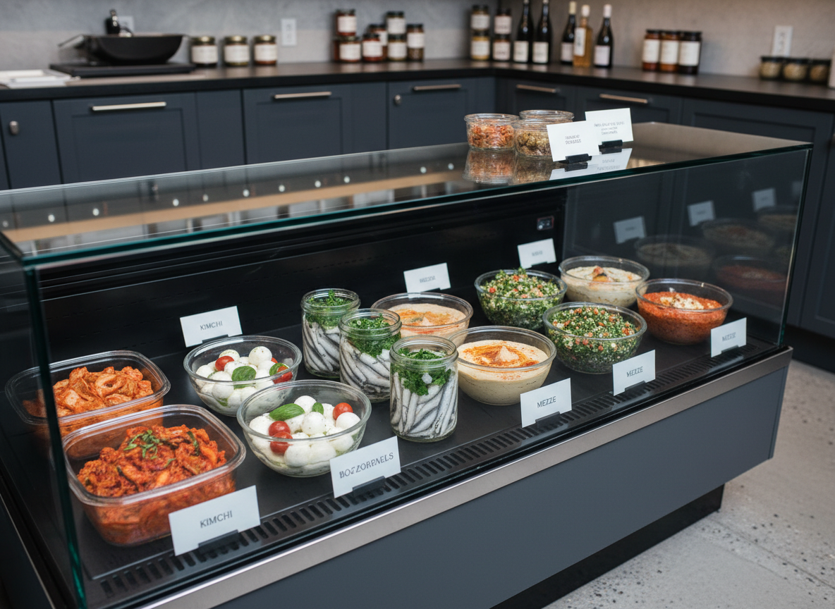 A refrigerated glass display case in a contemporary gourmet market, filled with an impeccably organized selection of international ready-to-enjoy après items. There are small, clear containers of Korean kimchi, Italian marinated mozzarella, Spanish boquerones, and colorful Middle Eastern mezze, each labeled with minimal, modern tags. The interior LED lighting of the case casts cool, even illumination, creating crisp reflections on the glass and emphasizing freshness. The surrounding environment features matte charcoal cabinetry and a subtle concrete floor. Photographic realism from a slightly angled front view, with medium depth of field to keep the central row of products sharp while the foreground glass edges and background shelves blur gently, conveying professionalism, quality, and thoughtful curation.