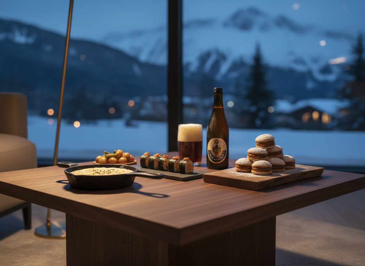 A refined après-ski coffee table scene in a high-end lounge: a low, rectangular walnut table with clean lines holds a carefully composed arrangement of international comfort foods. There is a small cast-iron skillet of bubbling Swiss raclette, a Japanese stone plate with neatly aligned sushi rolls, a rustic wooden board with Argentinian alfajores dusted in powdered sugar, and a sleek glass bottle of Belgian craft beer with condensation beading on the surface. In the background, out of focus, a large window suggests a snow-dusted mountain landscape. Warm, directional lamplight from the side casts gentle shadows, creating a cozy yet professional mood. Photographic realism, shot at coffee-table height with shallow depth of field, reinforcing the idea of elevating après moments through global flavor.