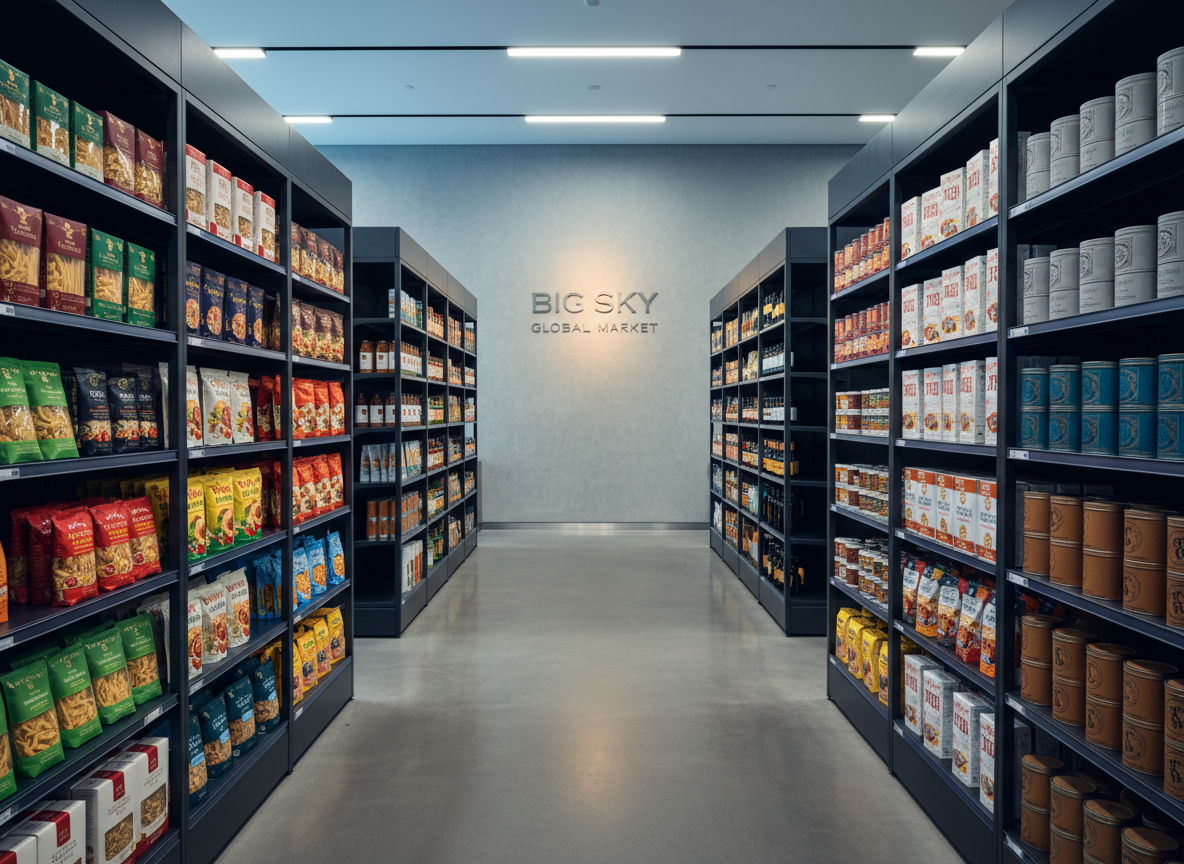 A wide, cinematic shot of tall, minimalist metal shelves in a modern market space, filled with impeccably arranged international packaged foods: neatly stacked Italian pastas, vibrantly printed Thai curry kits, Scandinavian crispbread boxes with restrained design, and muted-toned Moroccan spice tins. A central aisle of smooth concrete flooring leads the eye toward a softly lit back wall featuring a subtle “Big Sky Global Market” sign in brushed metal. Cool, diffused overhead lighting mixed with a gentle warm accent spotlight on the signage creates a balanced, professional atmosphere. Photographic realism with a slightly elevated angle and deep focus, emphasizing order, global diversity, and the idea of elevating everyday snacks into a curated international experience.